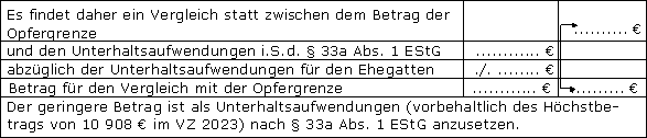 Vergleich der Opfergrenze mit den nach § 33a Abs. 1 EStG ermittelten Unterhaltsaufwendungen